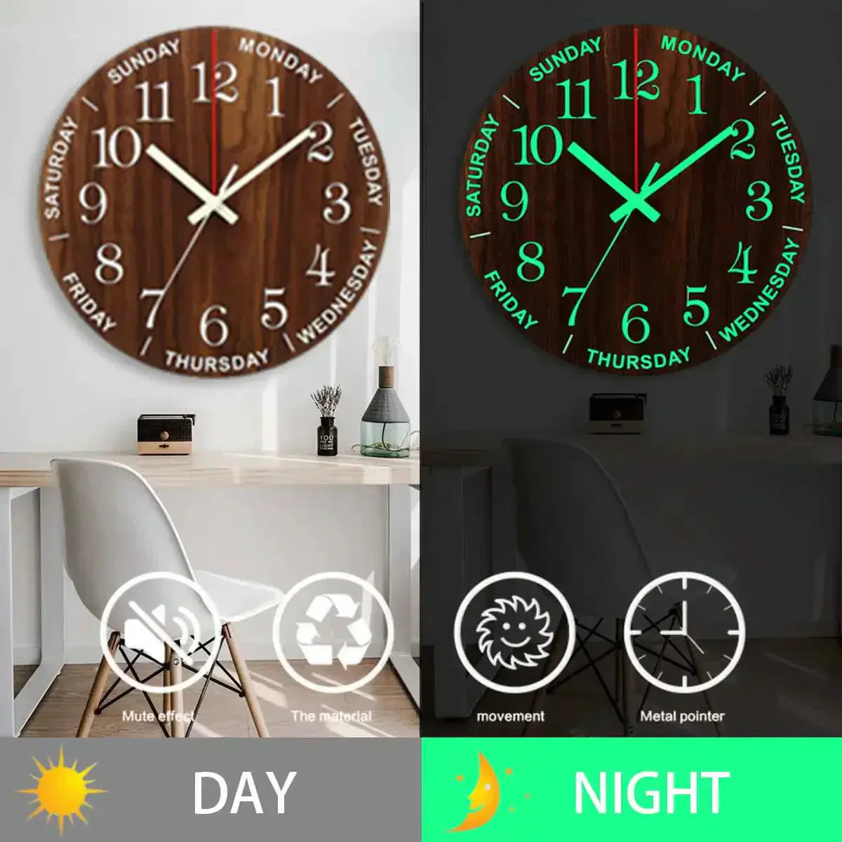 Mogendo | Glowtic Illuminating Wall Clock | Wood Design | Silent | Night Light | Nordic Style | Gift Idea