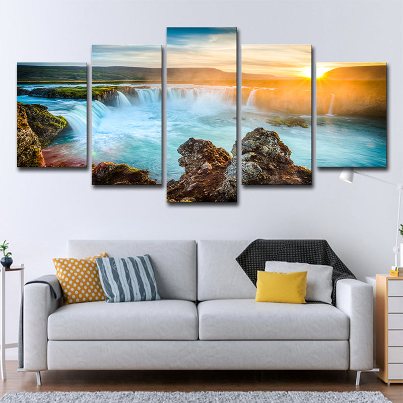 Mogendo | Great Island Cascades Canvas Art Home Interior Sunset Landscape Wall Decor in Blue Blue