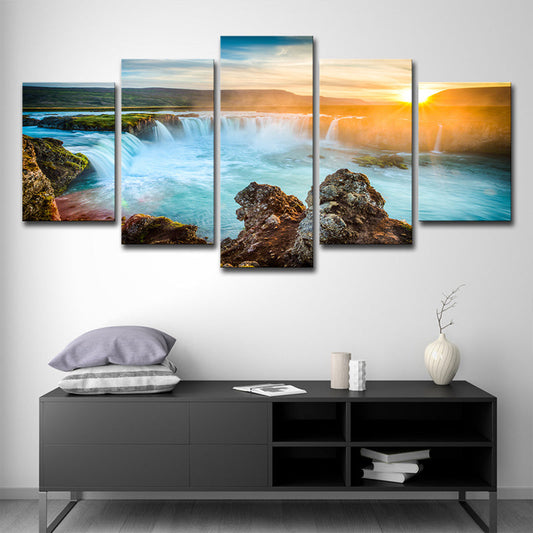 Mogendo | Great Island Cascades Canvas Art Home Interior Sunset Landscape Wall Decor in Blue