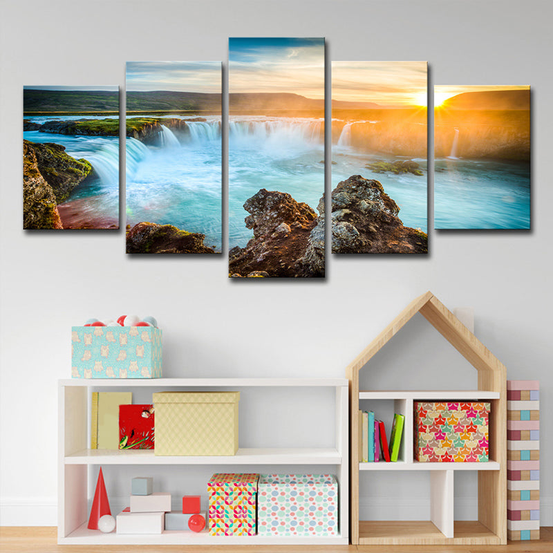 Mogendo | Great Island Cascades Canvas Art Home Interior Sunset Landscape Wall Decor in Blue