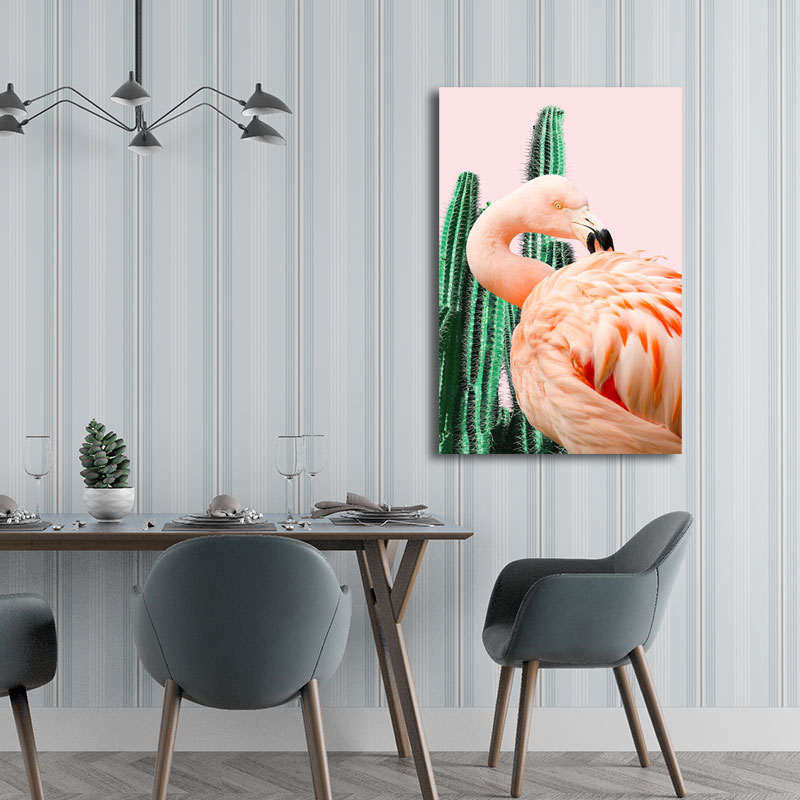Mogendo | Pink Tropical Canvas Print Flamingo and Cactus Wall Art Decor for Home Interiors Pink