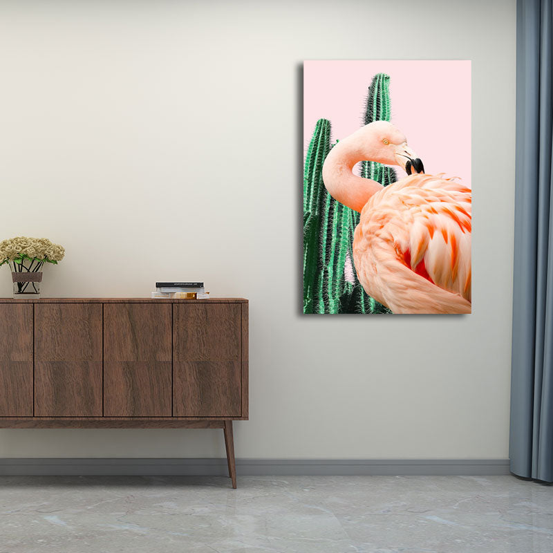 Mogendo | Pink Tropical Canvas Print Flamingo and Cactus Wall Art Decor for Home Interiors