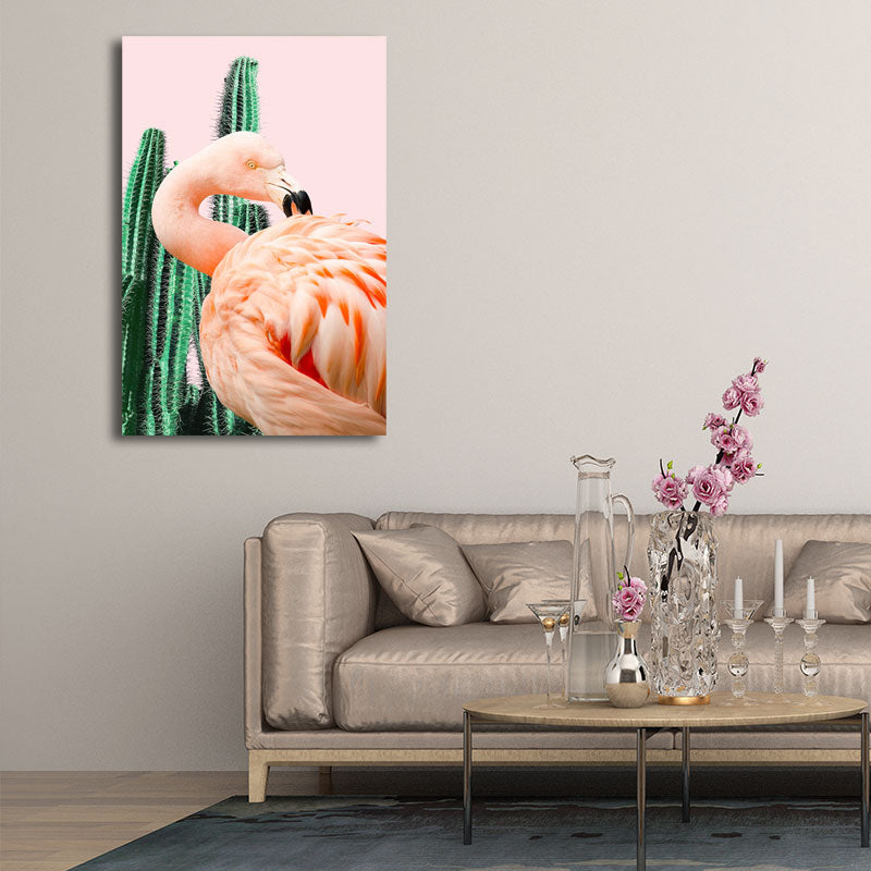 Mogendo | Pink Tropical Canvas Print Flamingo and Cactus Wall Art Decor for Home Interiors
