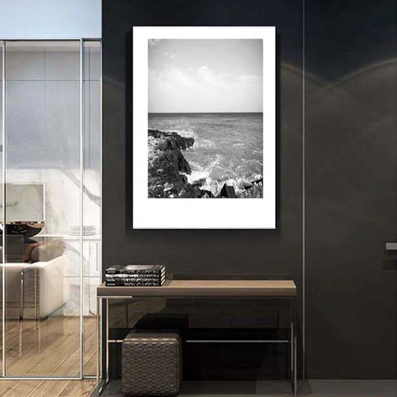 Mogendo | Tropical Rocky Bay Seascape Canvas Print Dark Color Texture Wall Art for the Living Room Dark gray