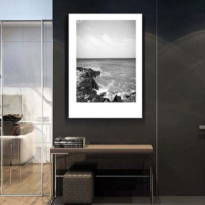 Mogendo | Tropical Rocky Bay Seascape Canvas Print Dark Color Texture Wall Art for the Living Room Dark gray
