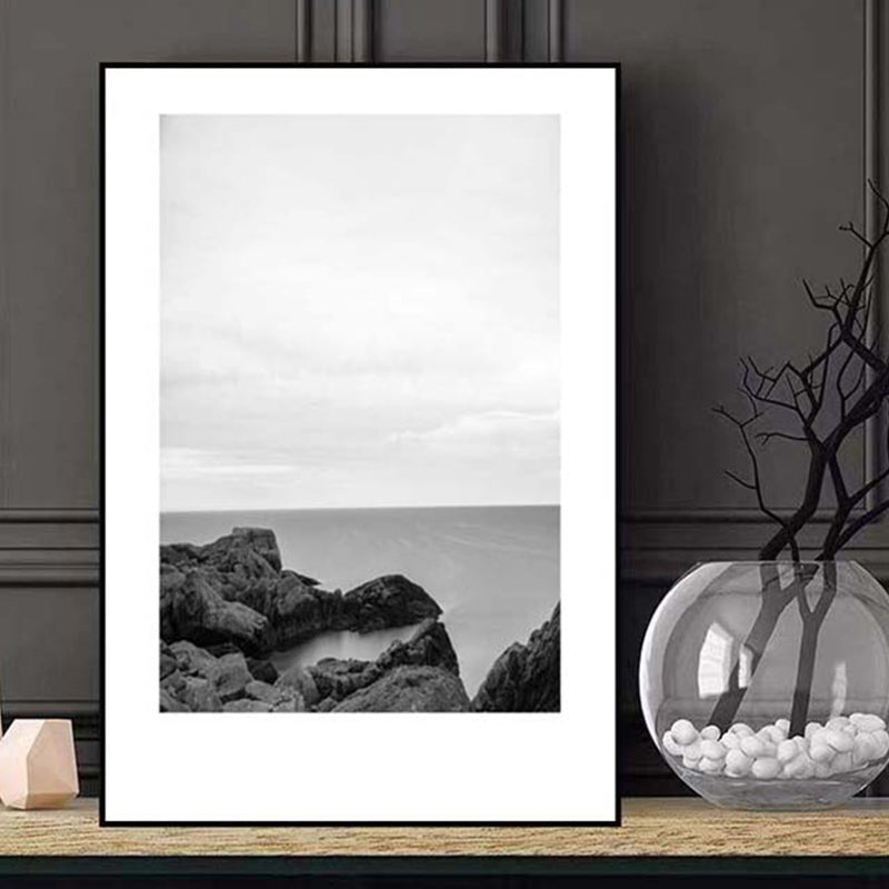 Mogendo | Tropical Rocky Bay Seascape Canvas Print Dark Color Texture Wall Art for the Living Room Black-Gray