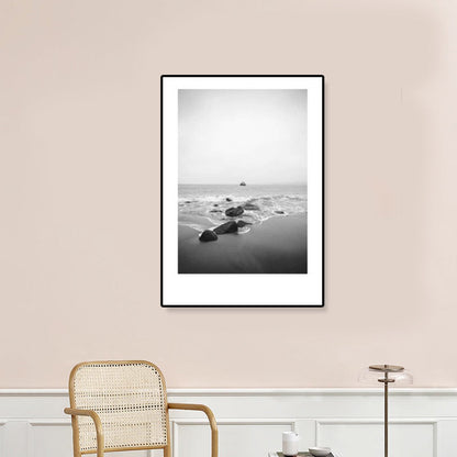 Mogendo | Tropical Rocky Bay Seascape Canvas Print Dark Color Texture Wall Art for the Living Room Gray