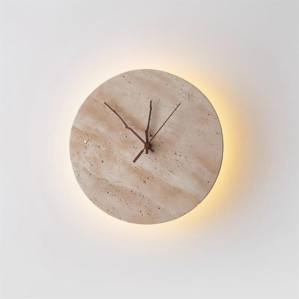 Mogendo | Kiera Travertine Clock Wall Lamp Dia 30cm x H 30cm ∅ 11.8″ x H 11.8″ Beige Warm Light