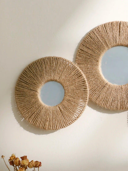 Mogendo | Round decorative wall mirror in boho style with woven hemp rope 1 Sentence (A+B)
