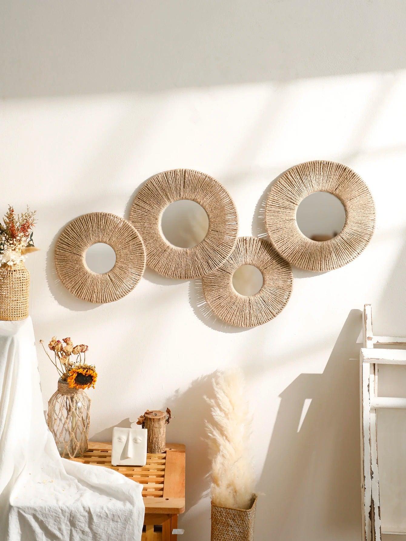 Mogendo | Round decorative wall mirror in boho style with woven hemp rope