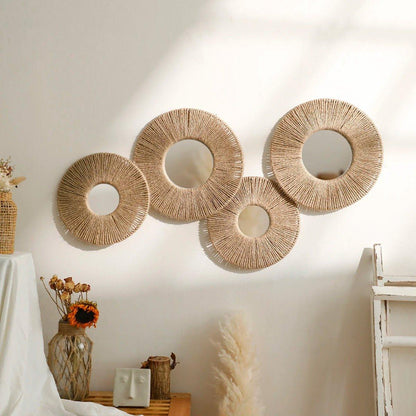Mogendo | Round decorative wall mirror in boho style with woven hemp rope